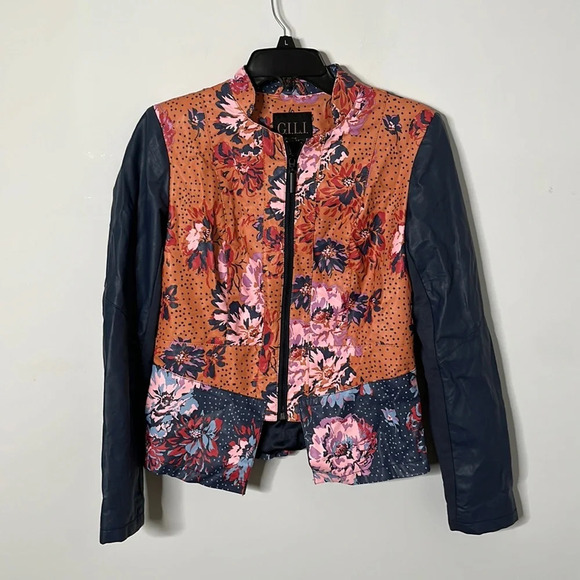 G.I.L.I Mixed Floral Print Faux Leather Full Zip Jacket - Picture 1 of 6